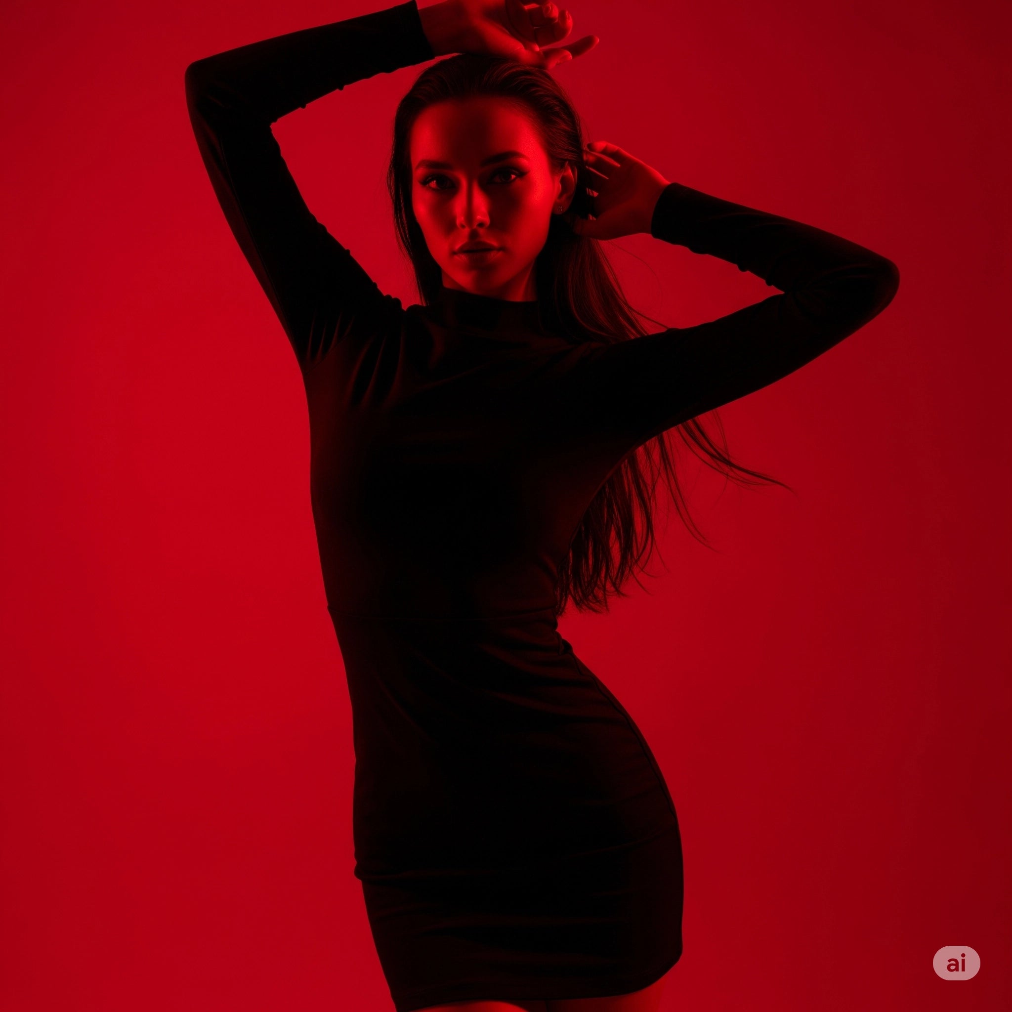 Woman posing with hands in hair against a red background