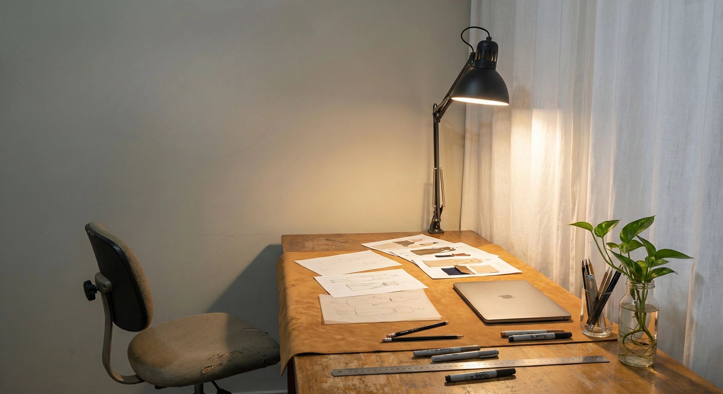 Home office setup with a desk, chair, lamp, and stationery items.