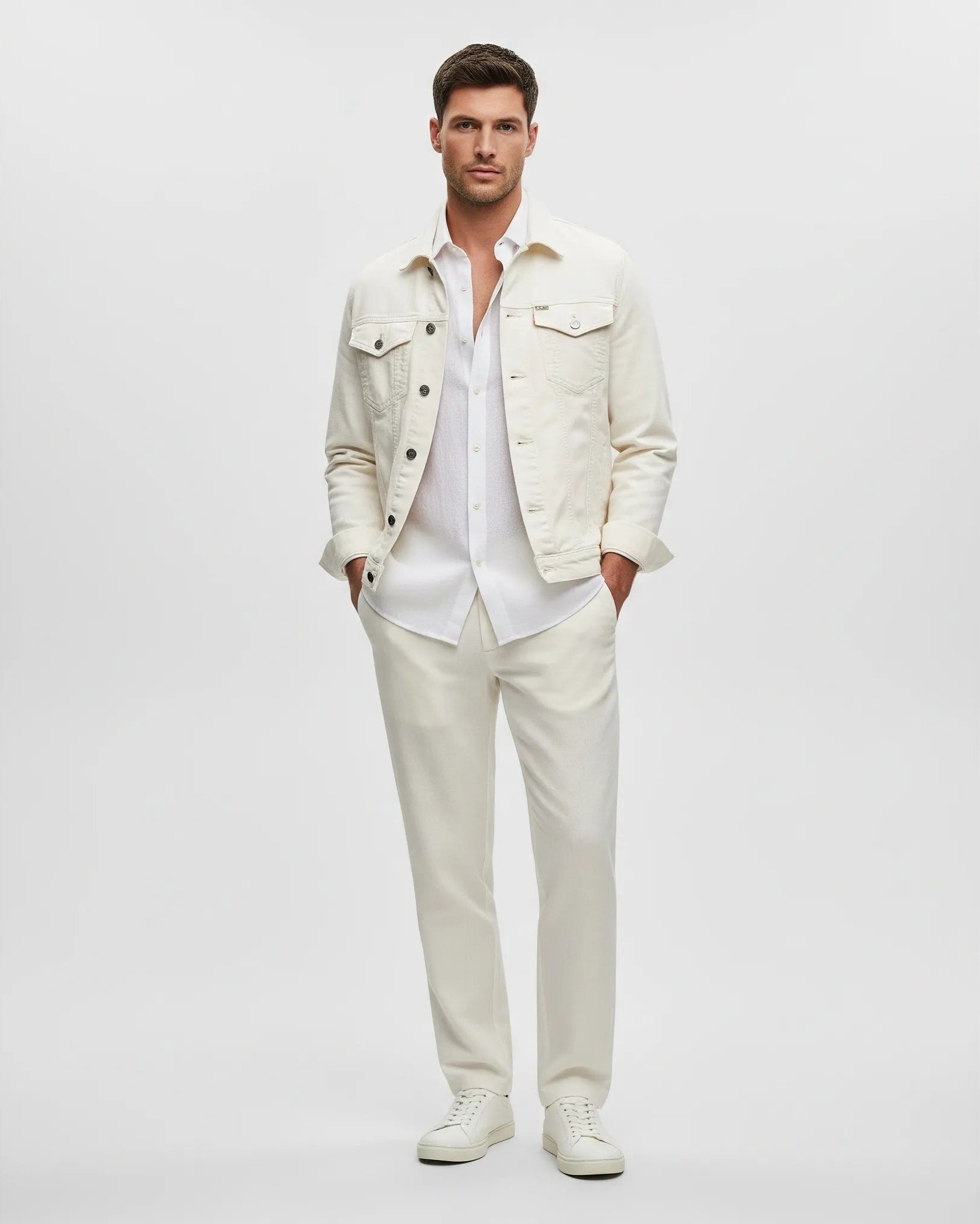 Man wearing a white denim jacket, white shirt, and white pants on a light gray background